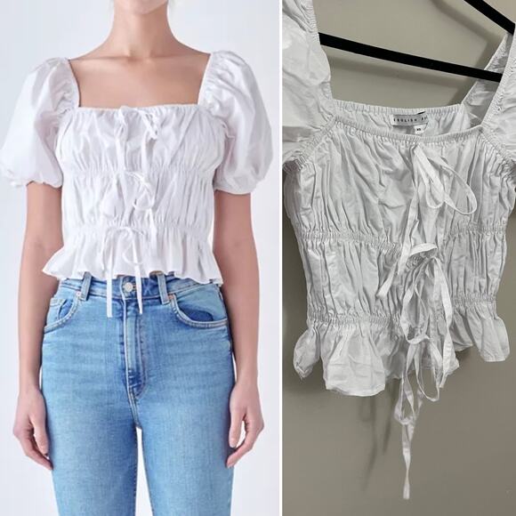English Factory Women's Classic Minimalist Tie Detail Shirring Top XS - Picture 1 of 7